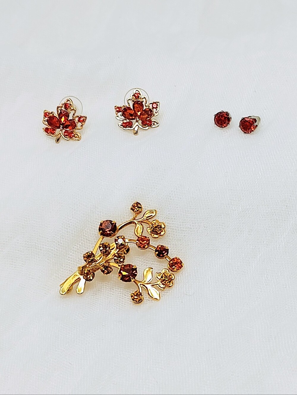 Autumn Themed Gold-Tone Brown Orange Crystal Floral Brooch and Earring Set